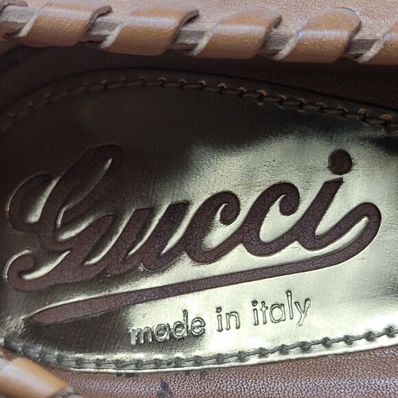 Gucci Brown Leather Whipstitch Trim Pumps Open Toe 264984 Heel Shoes Size 7 US - Picture 8 of 10